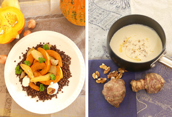 Topinambursuppe mit Walnuss und Ofenkürbis mit Beluga-Linsen