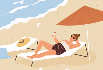 Grafik: Frau am Strand mit Sonnenschirm und Sonnencreme