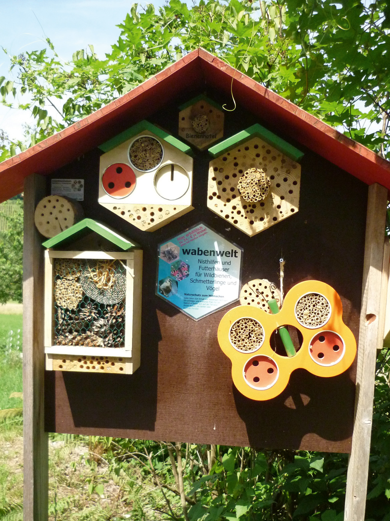 Un petit mur en bois en forme de maison avec différents lieux de nidification est visible. Sites de nidification pour différentes espèces d'abeilles sauvages et de papillons.