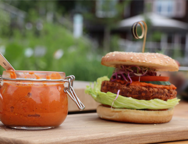 Veganer Burger mit kalter Tomatensauce A.Vogel