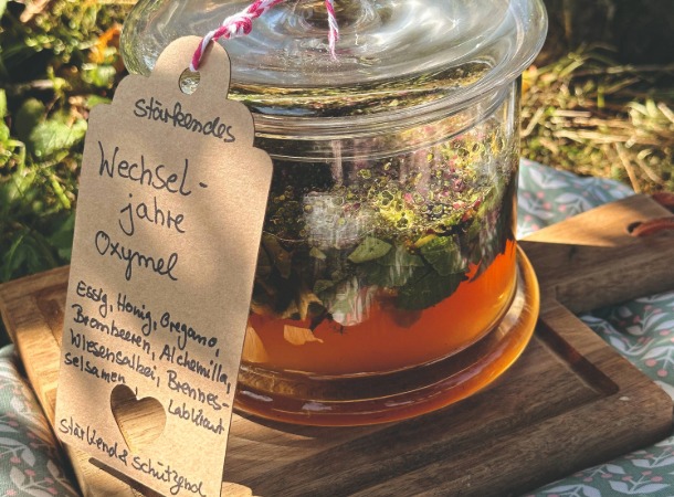 Oxymel aus Apfelessig, Oregano, Brombeeren, Frauenmantel, Wiesensalbei, Brennnesselsamen, Labkraut