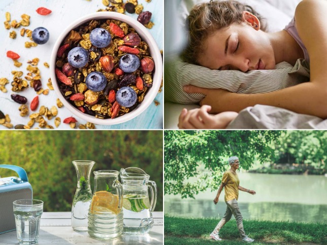 Müsli, schlafende Frau, Frau auf Spaziergang, gefüllte Wasserkrüge