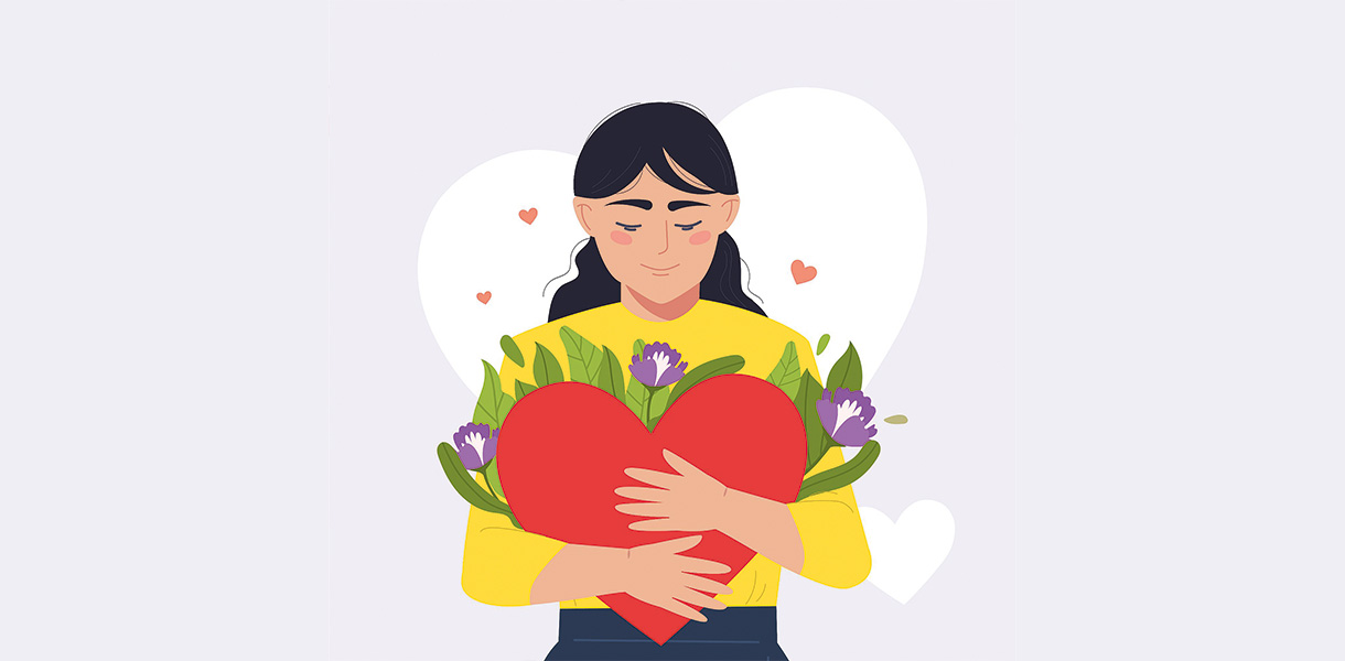 Eine Illustration einer Frau, die einen Blumenstrauss und ein grosses rotes Herz mit beiden Händen vor dem Oberkörper hält. Sie schaut zufrieden darauf hinunter. 