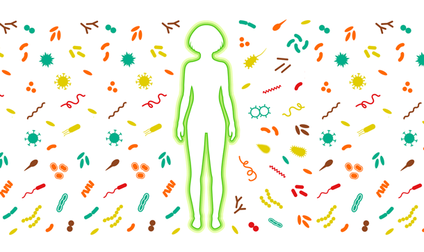 Eine Silhuette einer Person wird von stilisierten Bakterien, Pollen u.s.w. umringt.