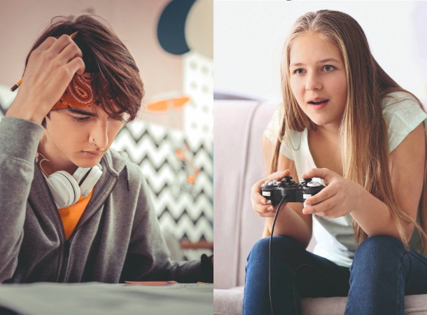 Junge bei den Hausaufgaben, Mädchen beim Gamen