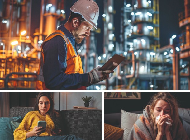 Schichtarbeiter, Frau am Handys und erkältete Frau